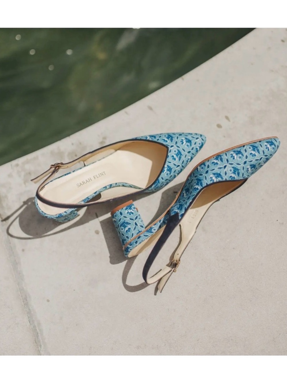 Sarah Flint x Pierre Frey Emma Sling Blue Floral Low Heel 38.5 US 8.5